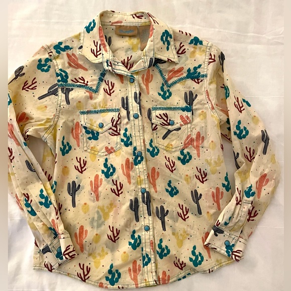 Wrangler Other - Wrangler Long Sleeve Western Shirt Snap Button Sz L 10 12 Girls Cactus Rodeo